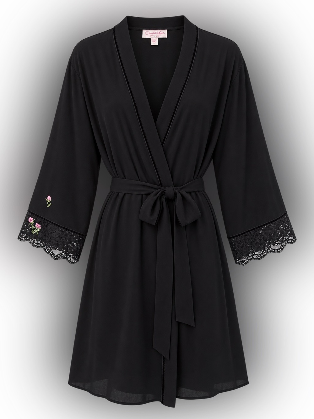 Vintage Oscar de la Renta Pink Label Black Embroidered Rose Robe L/XL